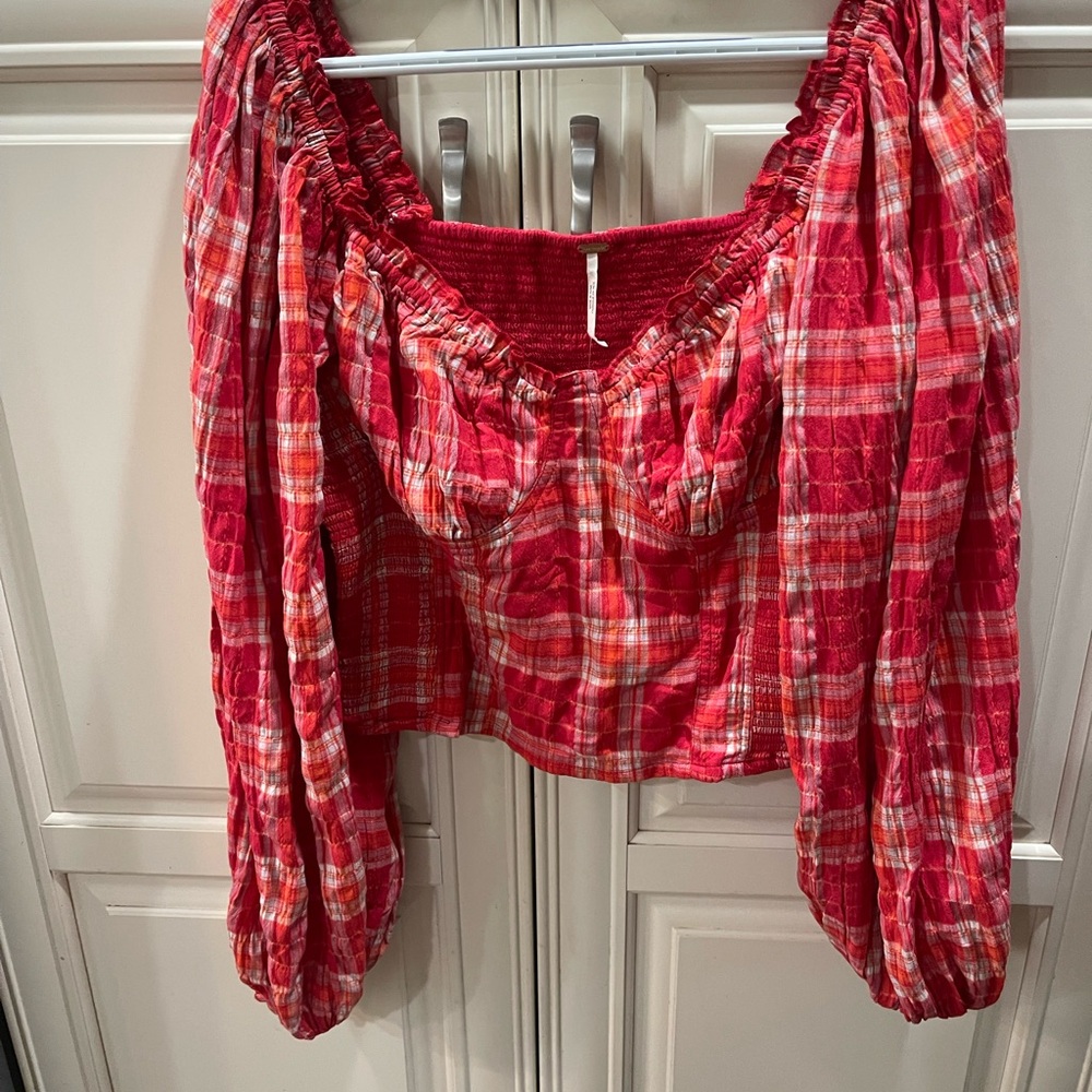 FREE PEOPLE Orange Plaid Top Womens Stretch Large BOHO Western NEW